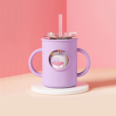 Anti-falling Baby Milk Cup with Straw Silicone Double Handle Sleeve Children Water Cup Portable Kids Drinking Glasses