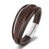 European And American Vintage Cowhide Rope Hand Woven Leather Stainless Steel Leather Titanium Steel Mens celet