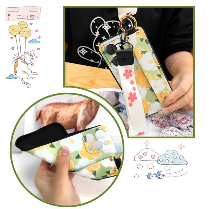 soft-case-cute-phone-case-for-honor-x7a-cartoon-painting-flowers-back-cover-durable-waterproof-wristband-fashion-design