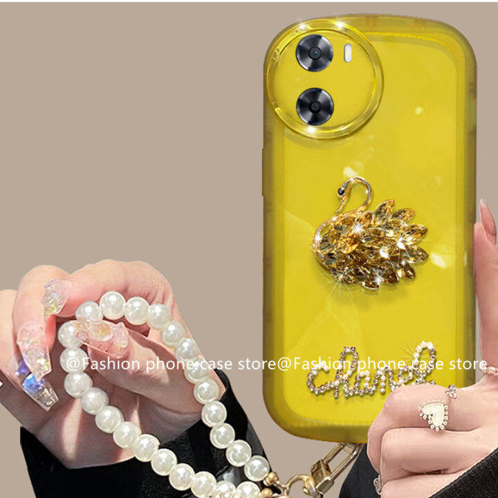 เคส-oppo-a57-a77-a76-a96-a95-a16-a16k-a16e-4g-5g-case-หรูหรา-rhinestone-swan-pearl-lanyard-ปลอกเลนส์สีใสนุ่ม2022