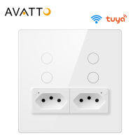 AVATTO Tuya บราซิล4X4 WiFi สวิทช์ผนังที่มีซ็อกเก็ต,สัมผัสเซ็นเซอร์ Interruptor 4แก๊งสวิทช์ไฟสมาร์ททำงานสำหรับ Alexa Home