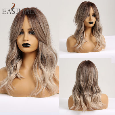 EASIHAIR Medium Grey Ombre Wigs with Bangs Synthetic Wigs for Women Afro Body Wavy Heat Resistant Party Cosplay Wigs