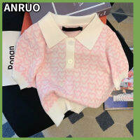 ANRUO เสื้อแขนสั้นพิมพ์ลายเต็มรูปแบบ,เสื้อยืด Navel ฝรั่งเศสสีชมพูหวานต้นฉบับฤดูร้อนเสื้อเด็กบางสะพายไหล่