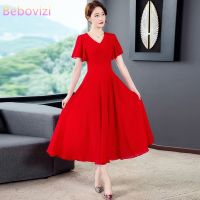 COD DSFDGESERRRRR 5XL Plus Size Summer New Chiffon Dress Womens Slim V-neck Short Sleeve Big Swing Holiday Beach Long Maxi Dresses