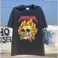 ღღSpotღღHigh Street Metallica Flower Skull Limited FEAR OF GOD Print Vintage Washed Distressed Short Sleeve T-Shirt