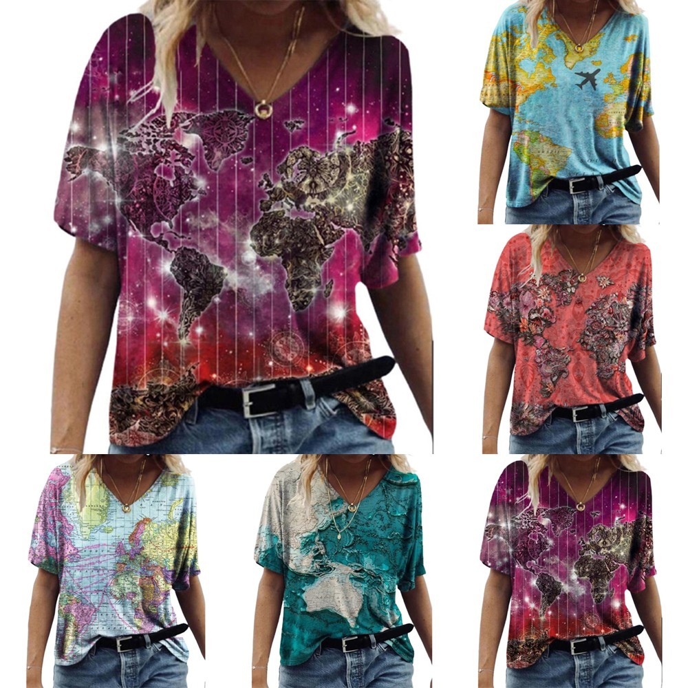 Women V Neck Short Sleeve Blouse Loose Comfy T Shirt Casual Map Printing Top Tee