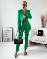 JUNWU Za 2022 Spring Autumn Women Green Pocket Snaps Waist Blazer Belt Design Chic Suit Trousers Suit Commuter High Street Style