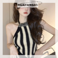 HUAYANG01 [2023 new HOT FASHION] lazlook เสื้อครอปสำหรับผู้หญิง2023ถักแบบมีเชือกผูกเปิดหลัง Y2K ฤดูร้อน