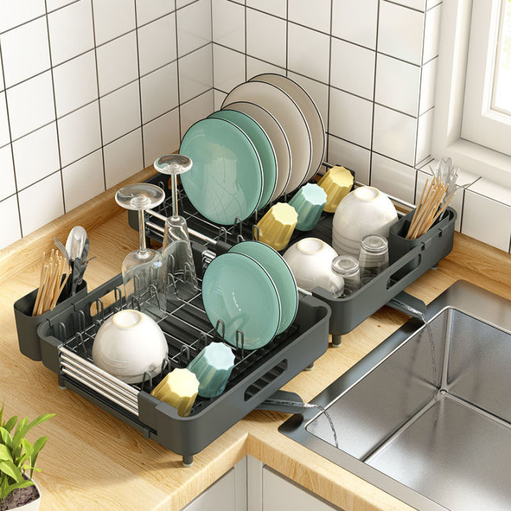 Expandable Stainless Steel Dish Rack Drainer Adjustable Vegetable Fruit  Drain Basket Kitchen Dish Drying Rack Over Sink