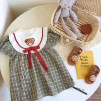 Summer baby girls clothes Retro Plaid Pattern Round Neck Short Sleeve Dress Cartoon Print Dress