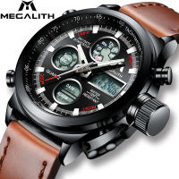 MEGALITH Watch Men Military Sports Waterproof Wristwatch LED Digital Multifunction Watch Male Clock Brown Genuine Leather Watch