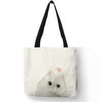 Watercolor Hand Painted Tote Bags Floral Cute Cat Print Shoulder Bag For Women Lady Office Handbag Daily Casual Shopping Bags