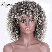 NNZES 14inches Afro Kinky Curly Wig Ombre Black Gray Wig With Bangs Synthetic Long Wigs for Black Women