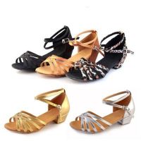 hot【DT】 New Children/Kids Ballroom Tango Latin Shoes Gold Leopard Low Heel 3.5cm