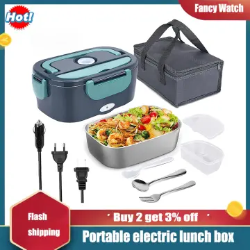 12V-24V 110V 220V Electric Heated Lunch Box Portable 2 in 1 Car& Home US  Plug/EU Plug Bento Boxes Stainless Steel Food Container