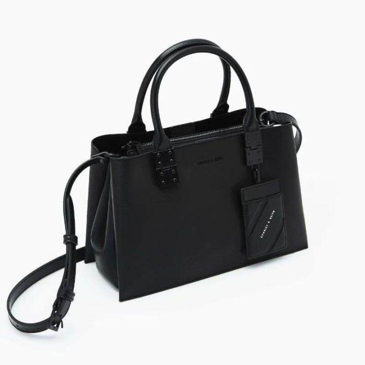 Double Top Handle Structured Bag - Black