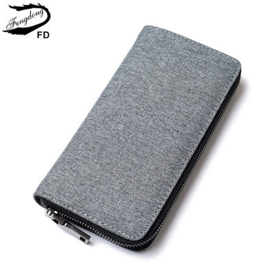 Fengdong men wallets long style id credit card holder male coin purse zipper large capacity fabric minimalist wallet for men