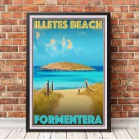 โปสเตอร์การเดินทางสไตล์วินเทจย้อนยุคหรือภาพผ้าใบ-Illetes Beach Formentera ภาพวาดตกแต่งบ้าน (ไร้กรอบ)