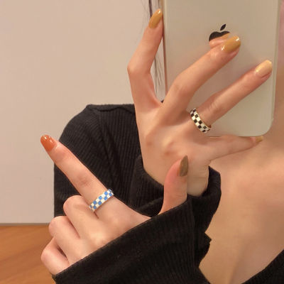 2022 New Fashion Klein Blue Checkerboard Ring For Women Girl Simple Charm Black White Colorful Vintage Trend Gift Party Jewelry