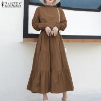 ZANZEA Women High Neck Long Sleeve Loose Split Cake Dress