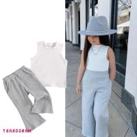 COD DSFGREYTRUYTU MGG-2Pcs Baby Girls Tracksuits White Sleeveless Pullover Vest Elastic Waist Casual Grey Wide Leg Pants