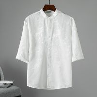 、’】【= Summer New Mens Casual Fashion Loose Short Sleeve Stand Collar Shirt Plus Size Chinese Silk Top Oriental Hanfu Smooth Satin