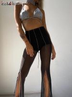 กางเกงขาบาน InstaHot-Calças Femininas Sexy Para Ver Através Fenda Fenda Mala Malha Calça Queimada Fina Festa Festa Clube Roupa Feminina