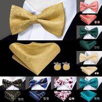 {EDDLYT} Hi-Tie Classic Black Bow Ties สำหรับผู้ชาย100ผ้าไหมผีเสื้อ Pre-Tied Bow Tie Pocket Square Cufflinks ชุดชุดดอกไม้ Bowties ทอง