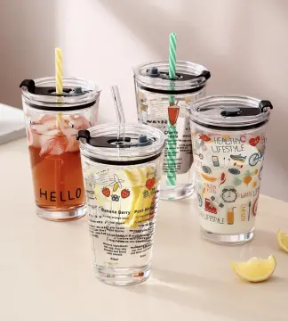400ml Coffee Cup Glass Mug Cups With Lids and Straws Leak-proof