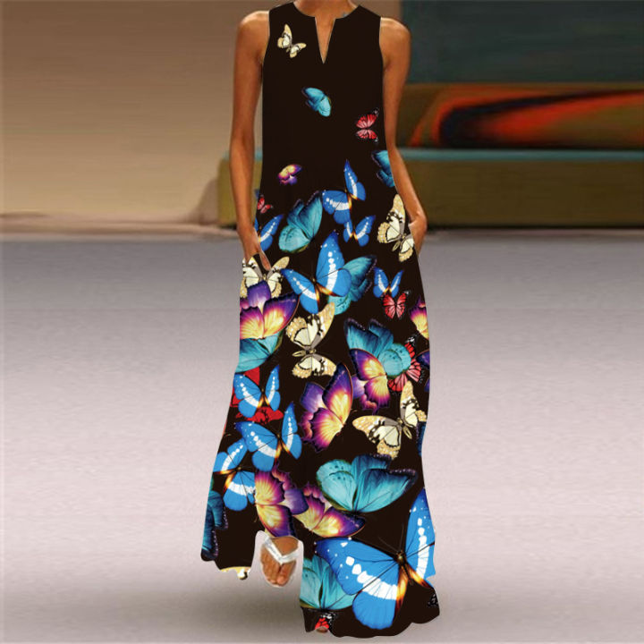 2021Summer Long Dress 2021 Elegant Robe Sexy Dress Party Sleeveless Women Casual Sundress Maxi Butterfly Print 3D Flowers Dresses