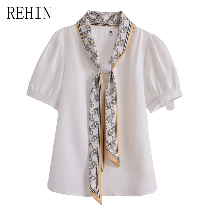 rehin-เสื้อริบบิ้นผ้าไหมไฮเอนด์ของผู้หญิงเสื้อออกแบบความรู้สึกฤดูร้อนเสื้อยาวสีขาว-exudation-สง่างาม