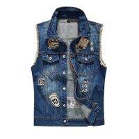 CODLiang Te Men Denim Jeans Vest Punk Rock Style Ripped Hole Sleeveless Jackets Streetwear