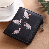 Short Womens Wallet Crane Embroidery Zipper Coin Purses Female Pu Leather Solid Color Hasp Card Holder Clutch Bag Money Clip