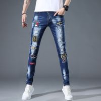 CODxdrrf5157 High Quality Street Wear Embroidered Jeans Mens Slim-Fit Small Feet Unique Ripped Patch Trendy Youth Badge Casual Trousers 2022 New Style