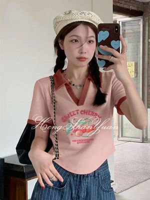 HengShanYuan เสื้อยืดผู้หญิงปกแขนสั้นเสื้อคอวีเปิดไหล่ด้านหน้าเสื้อโปโลสั้น