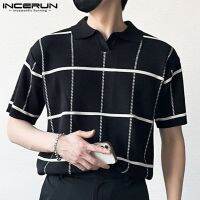 ♈● 2079 Incerun เสื้อโปโลลําลอง ผ้าถัก ลายสก๊อต