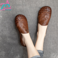 ZAZA รองเท้าหนังแท้ส้นเตี้ยสีดำส้นเตี้ยสำหรับผู้หญิงรองเท้ามิวส์วินเทจสไตล์เกาหลี
