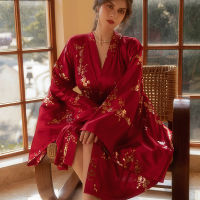 Luxury Burdy Kimono Robe ผู้หญิงงานแต่งงานเจ้าสาวเสื้อคลุมอาบน้ำเซ็กซี่ Bronzing ดอกไม้ Morning Dressing Gown ชุดนอน Nightgown