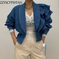 ™❇✒ Korean design waist closed short denim jacket women Port style Lapel versatile Ruffle office lady jean coat