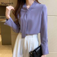 Loose Pullover Flare Long Sleeve Chiffon Tops Solid Purple Shirt Plus Size 2020 Autumn New V-neck Fashion Elegant Blouse 11378