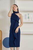 SAMANTRA vent dress navy เดรสคอโชคเกอร์ปาดไหล่สีน้ำเงิน