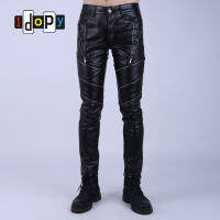 Idopy Fashion Night Club DJ Swag Skinny Party Faux Leather PU Tight Black Joggers Biker Pants For Men Boys With Zippers