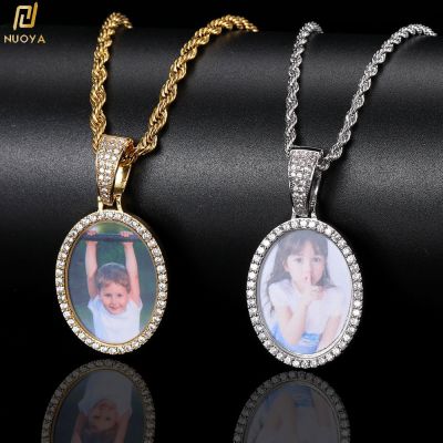 Customized Oval Photo Necklace Charm Iced Out CZ Picture Wedding Bridal Memory Frame Pendant