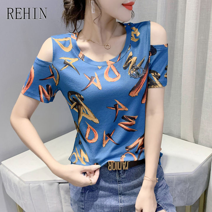 rehin-ผู้หญิงฤดูร้อนใหม่ที่ไม่มีสายหนังพิมพ์เสื้อยืดแขนสั้นคอกลม-slim-fit-eleganr-s-3xl-เสื้อ