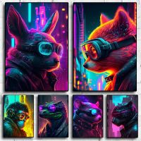 2023☋❉♨ neon punk colorful animals future city Cat Dog Video game Art Home Wall Pop ArtDecoration Canvas Poster Aesthetics Room Decor