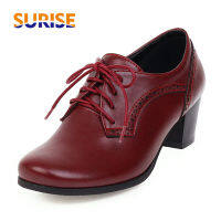 Casual ผู้หญิงอังกฤษ Derbies สีแดงสีน้ำตาลส้นสูง Brogues ชุดสำนักงานสุภาพสตรีปั๊ม Vintage Lace-Up รอบ Toe Travel Shoes