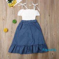 SL-Summer Kids Baby Girls Princess Lace Princess Sling Ruffle Denim Set 2pcs