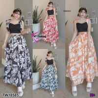 MM18585 set 2 ชิ้น เสื้อครอป ผูกไหล่ + กระโปรงลายใบไม้	set 2 pieces, crop top, shoulder tie + leaf pattern skirt