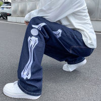 Straight Jean Pants Man Skeleton Embroidery Mopping Trousers Mens Streetwear Denim Pants Mens Clothing Jeans for Men Man Baggy