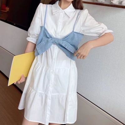 Foreigner Set Womens 2023 New Korean Edition Age Reducing Denim Small Sling+Shirt Dress Two Piece Set Shirt Sleeves